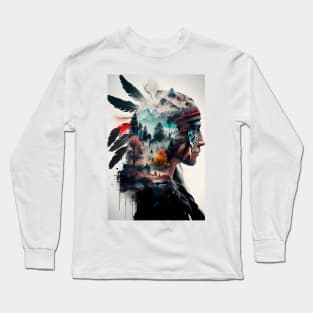 Native American Double Exposure Watercolor Painting Long Sleeve T-Shirt